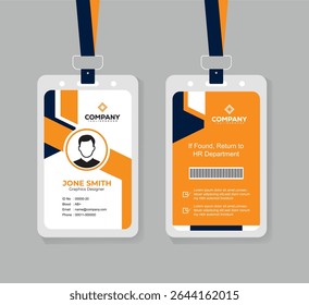 Clean and Minimal Navy Blue and Orange ID Card Template for Office Employees with Photo and QR Code