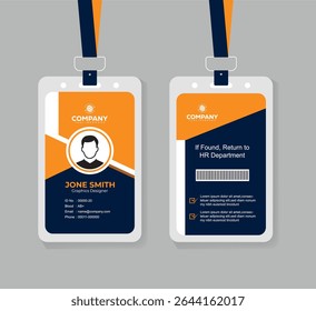 Clean and Minimal Navy Blue and Orange ID Card Template for Office Employees with Photo and QR Code