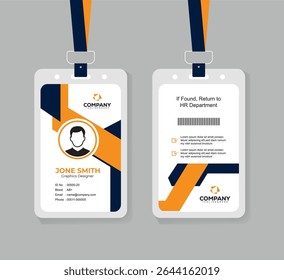 Clean and Minimal Navy Blue and Orange ID Card Template for Office Employees with Photo and QR Code