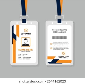 Clean and Minimal Navy Blue and Orange ID Card Template for Office Employees with Photo and QR Code