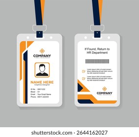 Clean and Minimal Navy Blue and Orange ID Card Template for Office Employees with Photo and QR Code