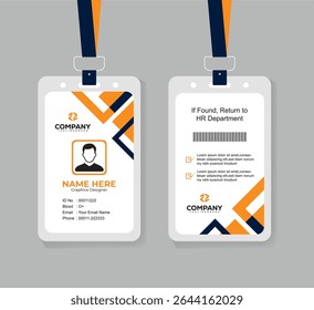 Clean and Minimal Navy Blue and Orange ID Card Template for Office Employees with Photo and QR Code