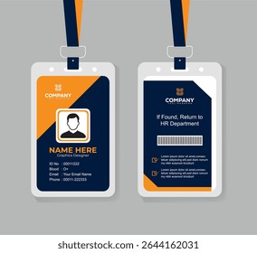 Clean and Minimal Navy Blue and Orange ID Card Template for Office Employees with Photo and QR Code