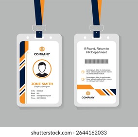 Clean and Minimal Navy Blue and Orange ID Card Template for Office Employees with Photo and QR Code