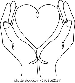 Clean and minimal one line drawing illustration of two hands holding or gently supporting a simple, classic heart symbol. Concept of support, peace, and health insurance