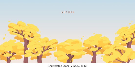 A clean and minimal organic flat vector illustration featuring a row of yellow ginkgo trees in full autumn color in a simple and elegant seasonal landscape composition.