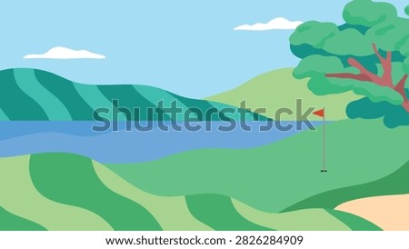 A clean and minimal organic flat vector illustration featuring a serene golf course landscape with a clear blue sky in a simple and elegant outdoor composition.