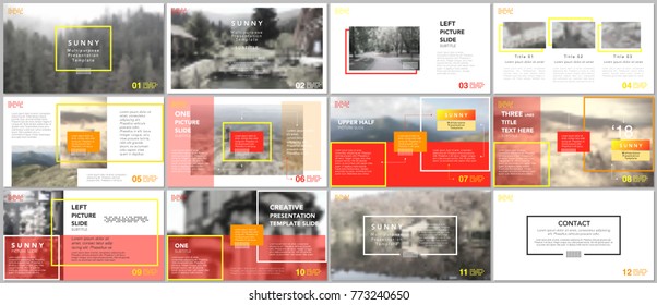 Clean and minimal presentation templates. Red and yellow color elements on a white background. Brochure cover vector design. Presentation slides for flyer, leaflet, brochure, report, advertising.