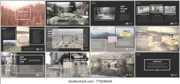 Clean and minimal presentation templates. Yellow color elements on a black background. Brochure cover vector design. Presentation slides for flyer, leaflet, brochure, report, marketing, advertising