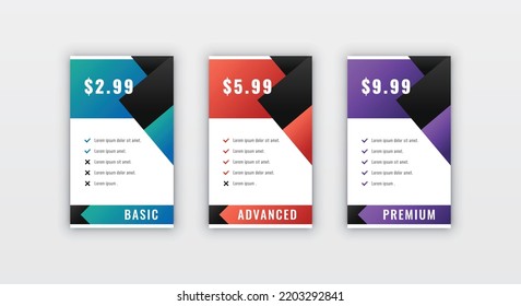 Clean minimal pricing table design template for website subscription panel