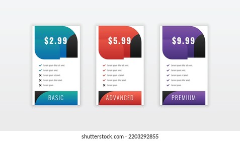 Clean minimal pricing table design template for website subscription panel