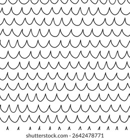 A clean and minimal seamless pattern of repeating scallop-shaped arches in black on white. Hand-drawn design for modern surface applications.