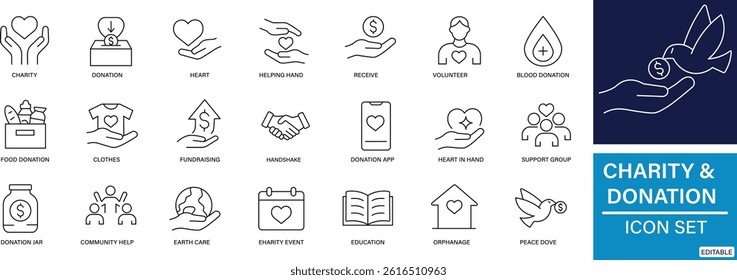 A clean and minimal set of 25 black line icons representing charity, donations, fundraising, and social help  perfect for web, apps, and infographics.