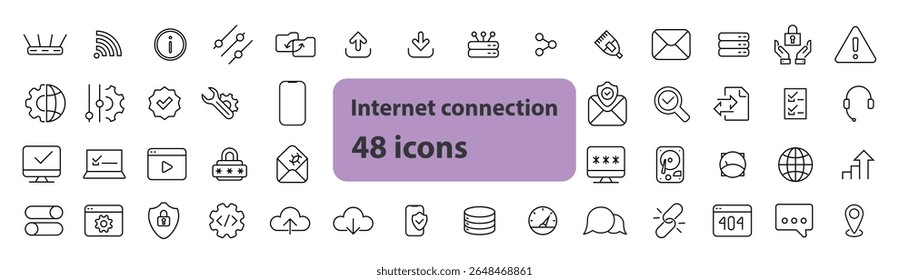 A clean and minimal set of 48 internet connection icons in linear outline style. Includes symbols for Wi-Fi, router, globe, signal strength, upload, download, server, satellite, firewall, and network