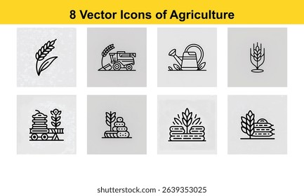A clean and minimal set of 8 vector line icons related to agriculture. Includes crop fields, irrigation, harvesting tools, and eco-friendly farming concepts. Perfect for infographics, apps, and print.