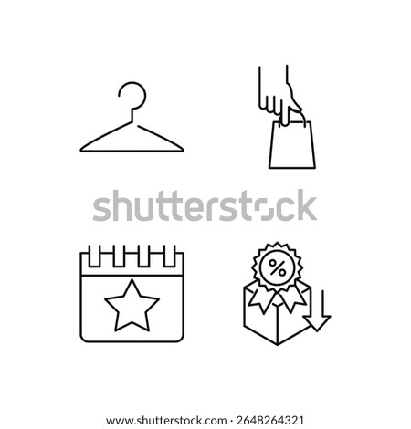 A clean and minimal set of black line icons themed around fashion retail and promotions. This collection includes icons of a clothes hanger, a hand holding a shopping bag, a calendar with a star for e