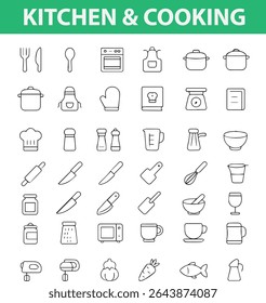 clean and Minimal set of kitchen and cooking line icons including chef hat, spoon, knife, pot, pan, plate, oven, blender, and more. Ideal for recipe apps, food blogs, cooking guides, restaurant brand