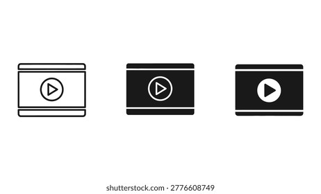 A clean and minimal set of three play button icons displayed on rectangular devices, each with a different background style for versatile design use.