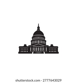 Clean and minimal silhouette vector icon of the United States Capitol Building featuring detailed dome architecture and symmetrical government structure design. Perfect for political, civic, government, travel, landmark, and American culture related projects, presentations, websites, apps, and stock vector collections.