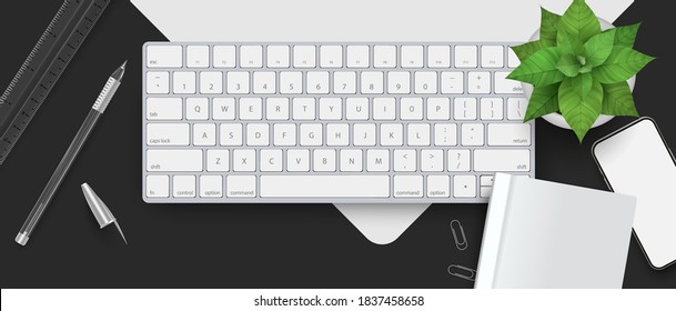 Clean minimal top view office workspace with 3d realistic keyboard, note, smartphone, desk plant vector