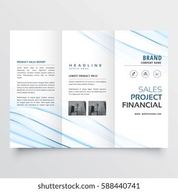 clean minimal tri-fold brochure flyer leaflet design with blue wave