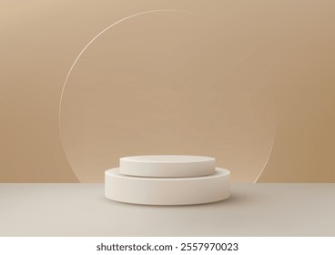 Clean minimal two-tiered white podium sits on a soft beige stage with a circular glass. Showcasing products or artwork with a modern aesthetic and stylish simplicity