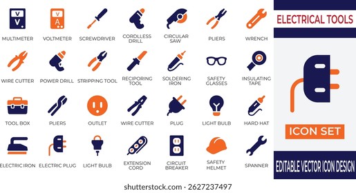 A clean and minimal vector icon set representing various electrical tools and equipment. Perfect for use in construction, repair services, electrician portfolios, Light Bulb and user interfaces. 