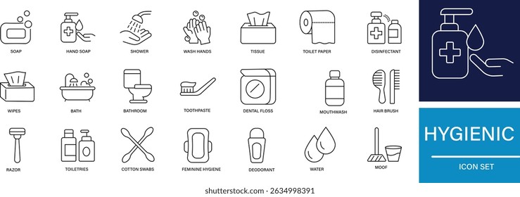 A clean and minimal vector icon set representing hygiene, cleanliness, and personal care. Includes icons like hand wash, sanitizer, soap, mask, toilet, tissue, and disinfectant. 