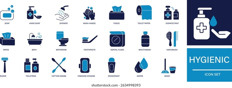 A clean and minimal vector icon set representing hygiene, cleanliness, and personal care. Includes icons like hand wash, sanitizer, soap, mask, toilet, tissue, and disinfectant. 