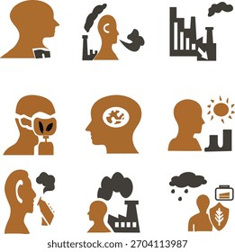 Um conjunto de ícones vetoriais mínimos e limpos que ilustram os efeitos da poluição ambiental na saúde humana. Inclui conceitos como contaminação do ar, emissões da fábrica, problemas respiratórios, estresse etc.