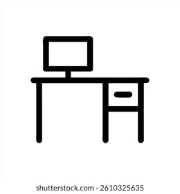 A clean and minimal vector illustration depicts an office desk featuring a computer monitor and a drawer, suitable for workspace design and decoration purposes.
