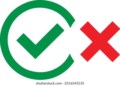 Ilustración vectorial limpia y mínima con dos símbolos: una marca de verificación verde y un ícono de cruz roja. La marca de verificación verde es audaz, suave y simple, simbolizando el éxito o la Aprobación, mientras que la roja 