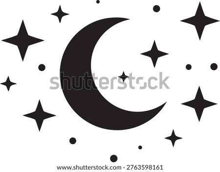 A clean and minimal vector illustration featuring a crescent moon surrounded by stylized stars in a high-contrast black silhouette. Designed in a simple flat icon style with sharp contours, this celestial night sky element is isolated on a transparent background, ideal for modern design, UI, and branding use.