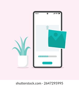 Una Ilustración vectorial limpia y mínima que muestra una interfaz de teléfono inteligente cargando una Imagen, acompañada de una planta en maceta sobre un fondo rosa suave. Ideal para representar almacenamiento en la nube, transferencia de archivos,