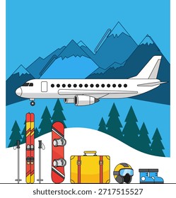 Uma ilustração vetorial mínima e limpa mostrando um avião branco voando sobre uma paisagem de montanha nevada com uma floresta. O design inclui equipamentos de viagem e esportes como esquis, snowboard, bagagem, capacete e botas para marketing sazonal de férias.