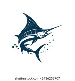 Clean and minimal vector illustration of silhouetted blue marlin fishing logo