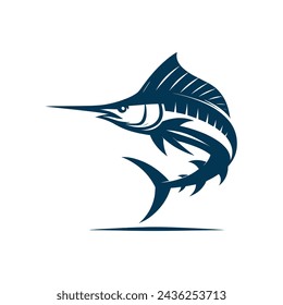 Clean and minimal vector illustration of silhouetted blue marlin fishing logo