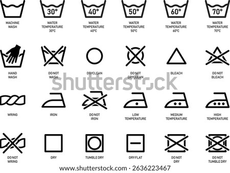 A clean and minimal vector set of clothing care symbols. Includes icons for machine wash, water temperature, hand wash, dry cleaning, ironing, bleaching, wringing, and drying methods. Perfect for use 