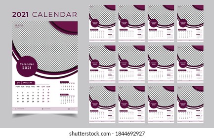 Clean minimal wall calendar 2021 template planner vector design set of 12 months