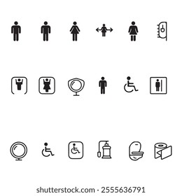 Clean and Minimal Washroom Icons Set – Modern, Symmetrical, Rounded Style with Gender-Neutral, Accessible, and Hygiene Symbols