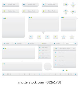 Clean And Minimal White Web Elements, With Buttons, Boxes, Drop Down Menu, Navigation Bar, Pagination And Comment Boxes.