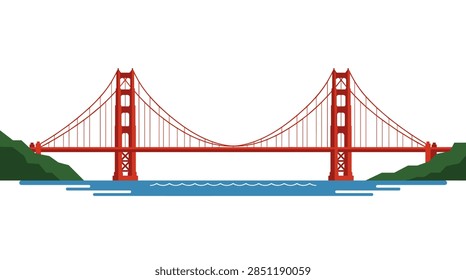 A clean, minimalist 2D flat vector illustration of a red suspension bridge. The graphic shows the iconic two-tower design with vertical and horizontal structural supports spanning over a blue ocean or bay. Dark green hills or cliffs anchor the bridge on both sides against a plain white sky background.
