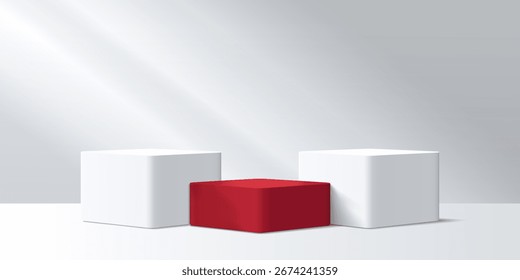 Uma renderização 3D limpa e minimalista de três pódios: dois brancos e um vermelho, em um estúdio com iluminação suave. O pódio vermelho está na frente e no centro.