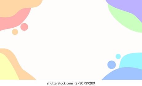 Um fundo abstrato limpo e minimalista com uma deliciosa gama de cores pastel macias. Formas onduladas orgânicas e fluidas e círculos lúdicos em tons harmoniosos de rosa claro, laranja, amarelo, verde, azul e roxo elegantemente enquadram um espaço branco central. Este design versátil oferece amplo espaço de cópia, tornando-o perfeito para apresentações, cabeçalhos de sites, banners de mídia social, temas infantis, materiais educacionais, convites e qualquer projeto que busque um fundo fresco, alegre e contemporâneo com um toque de criatividade suave.