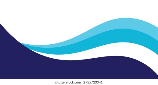 A clean and minimalist abstract background featuring smooth, flowing wave shapes in deep navy blue and vibrant cyan. The design includes a dynamic white curved accent against a crisp white backdrop