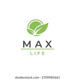 Un logotipo limpio, minimalista y abstracto con dos Grandes hojas verdes que se superponen a un círculo sólido o forma de sol. 