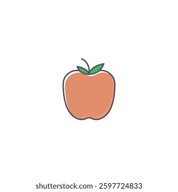 A clean and minimalist apple vector icon, featuring a simple red shape with a green leaf. Perfect for organic food branding, healthy lifestyle designs, farm product packaging