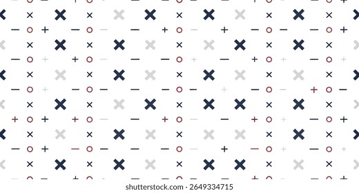 A clean, minimalist background features a repeating grid of mathematical symbols such as plus, minus, X, and circles in various shades of blue and gray.