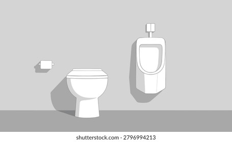 Clean minimalist bathroom interior showcasing a white toilet bowl and a modern wall-mounted urinal against a neutral gray background.