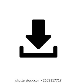 Um ícone de download preto, limpo e minimalista, com uma seta apontando para baixo em uma bandeja receptora. Adequado para design UI UX, botões de site e aplicativos móveis.